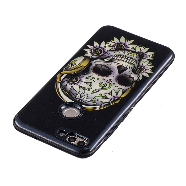 Embossed Rubberized PC TPU Hybrid Mobile Cover for Huawei P Smart / Enjoy 7S - Flower Skull-3