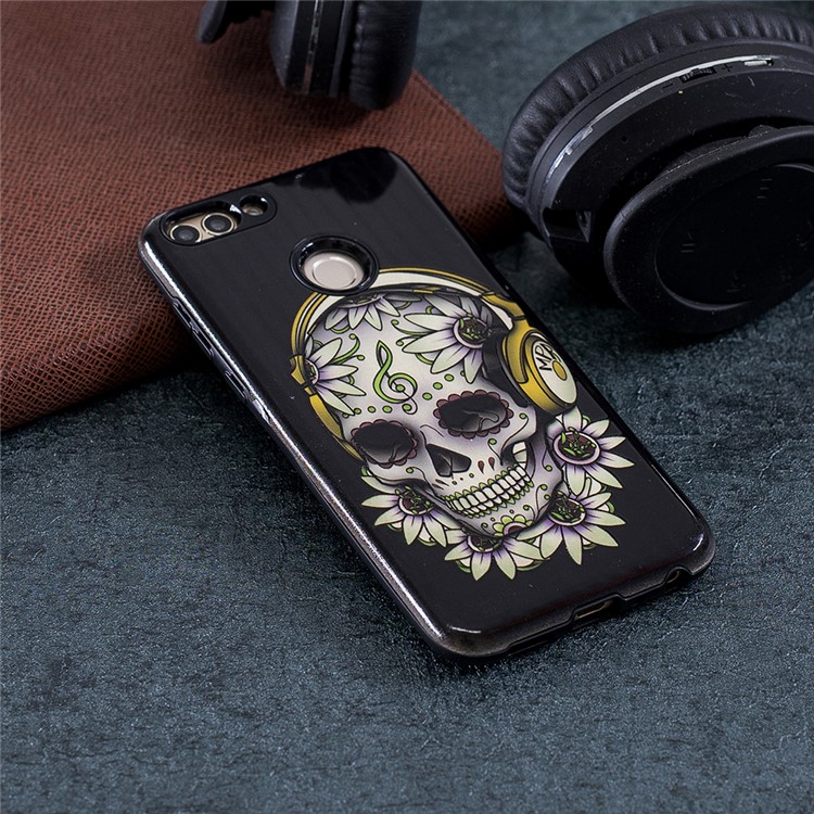 Embossed Rubberized PC TPU Hybrid Mobile Cover for Huawei P Smart / Enjoy 7S - Flower Skull-4