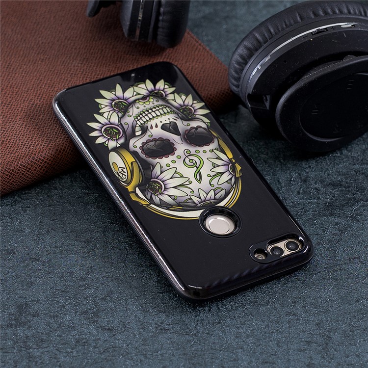 Embossed Rubberized PC TPU Hybrid Mobile Cover for Huawei P Smart / Enjoy 7S - Flower Skull-5