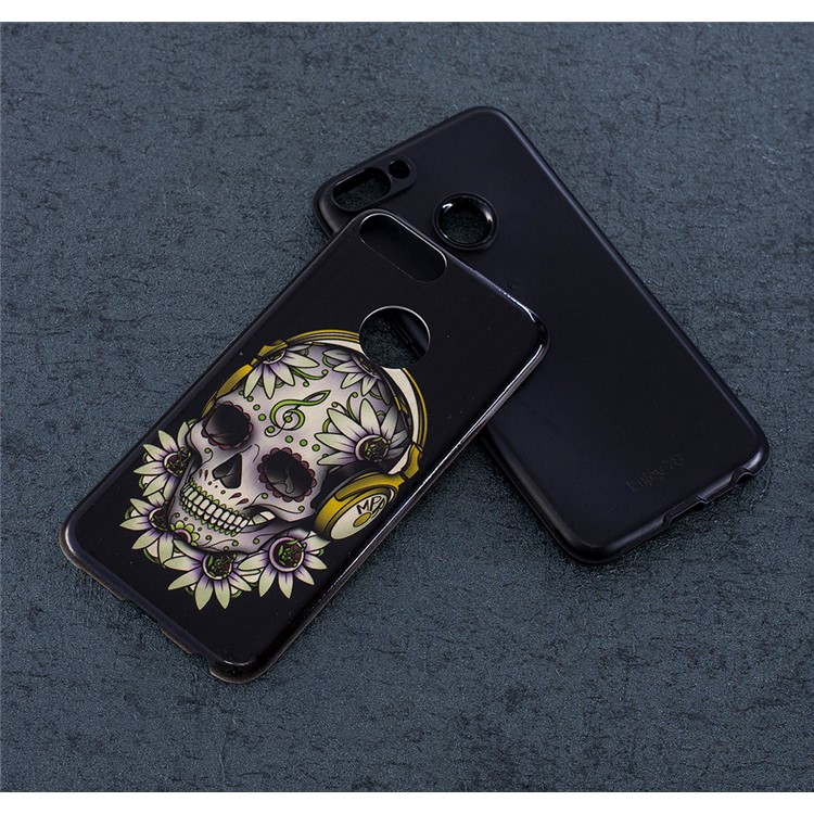 Embossed Rubberized PC TPU Hybrid Mobile Cover for Huawei P Smart / Enjoy 7S - Flower Skull-6