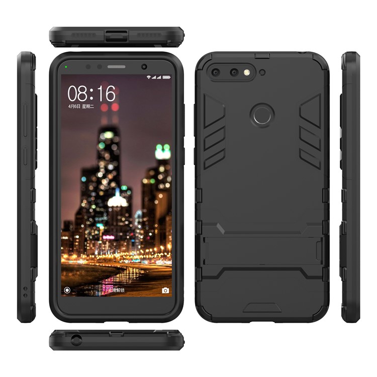 Fall Guard PC TPU Kickstand Case Para Huawei Honor 7a (con Sensor de Huellas Digitales)/honor 7A Pro/disfrute 8e - Negro