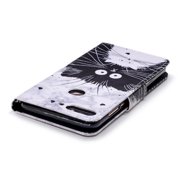Pattern Printing Leather Wallet Case for Huawei Honor 7C / Enjoy 8 / Y7 Prime (2018) - Black and White Cat-5