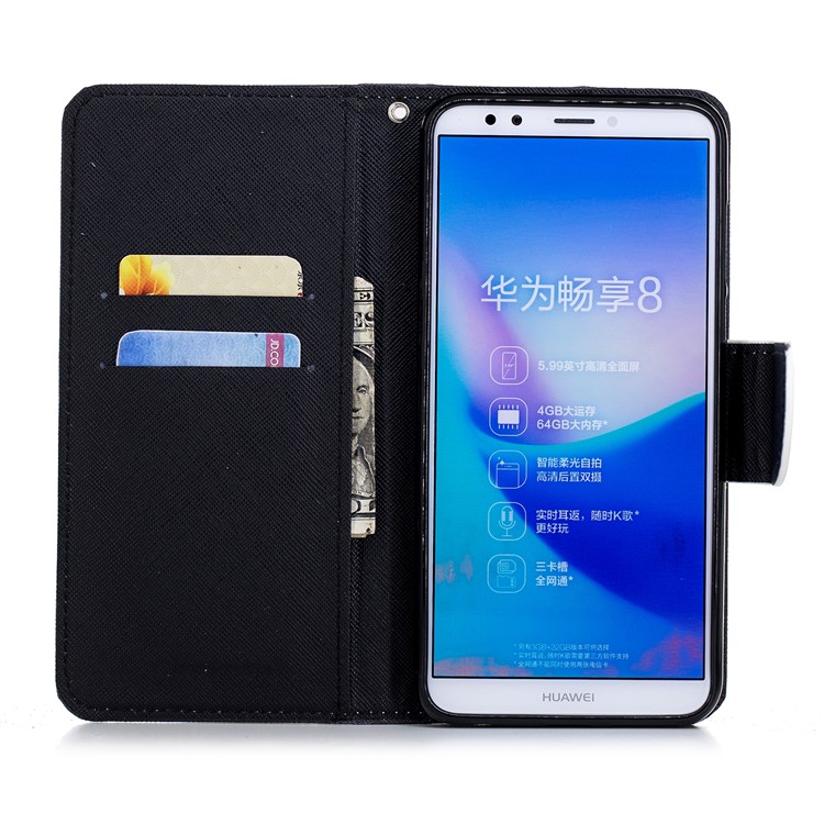 Pattern Printing Leather Wallet Case for Huawei Honor 7C / Enjoy 8 / Y7 Prime (2018) - Black and White Cat-8