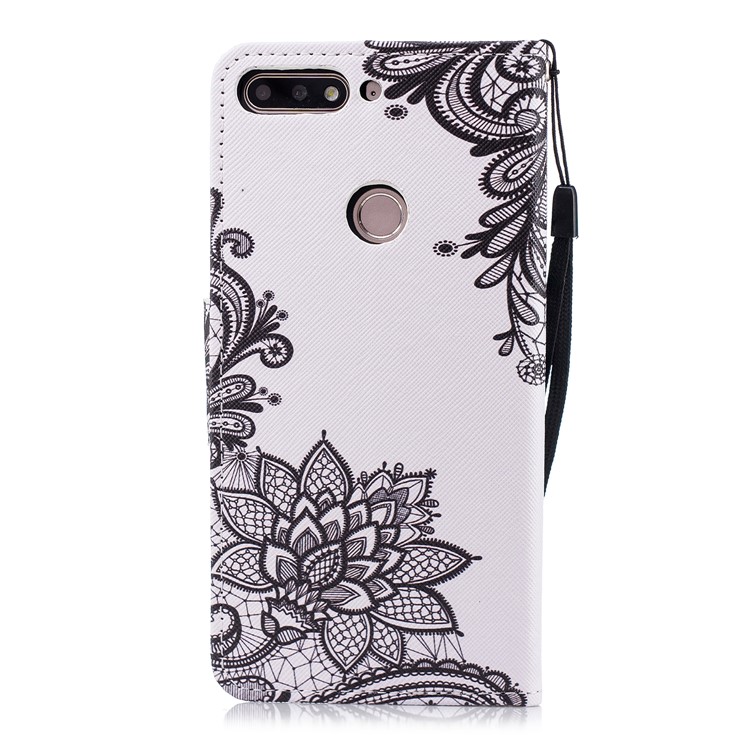 Pattern Printing Leather Wallet Cover for Huawei Honor 7C / Enjoy 8 / Y7 Prime (2018) - Black Flowers-2