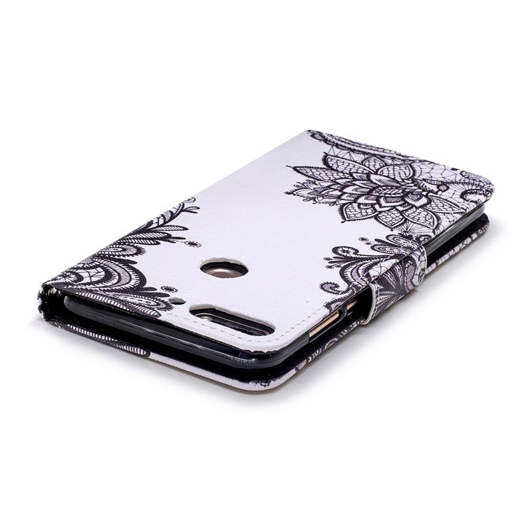 Pattern Printing Leather Wallet Cover for Huawei Honor 7C / Enjoy 8 / Y7 Prime (2018) - Black Flowers-4