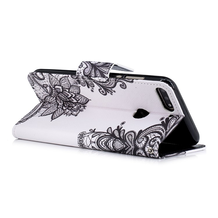 Pattern Printing Leather Wallet Cover for Huawei Honor 7C / Enjoy 8 / Y7 Prime (2018) - Black Flowers-5