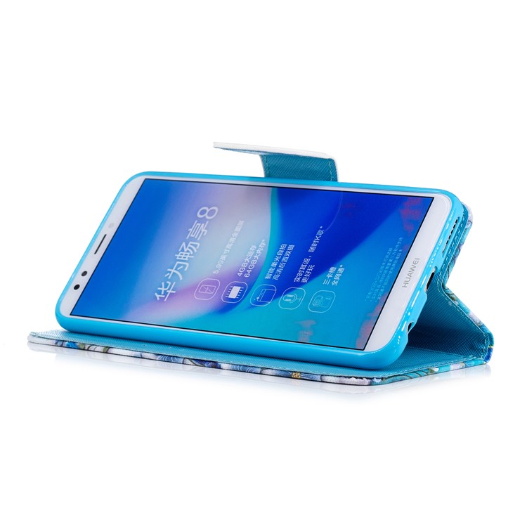Pattern Printing Magnetic Leather Stand Cover for Huawei Honor 7C / Enjoy 8 / Y7 Prime (2018) - Blue Flowers-8