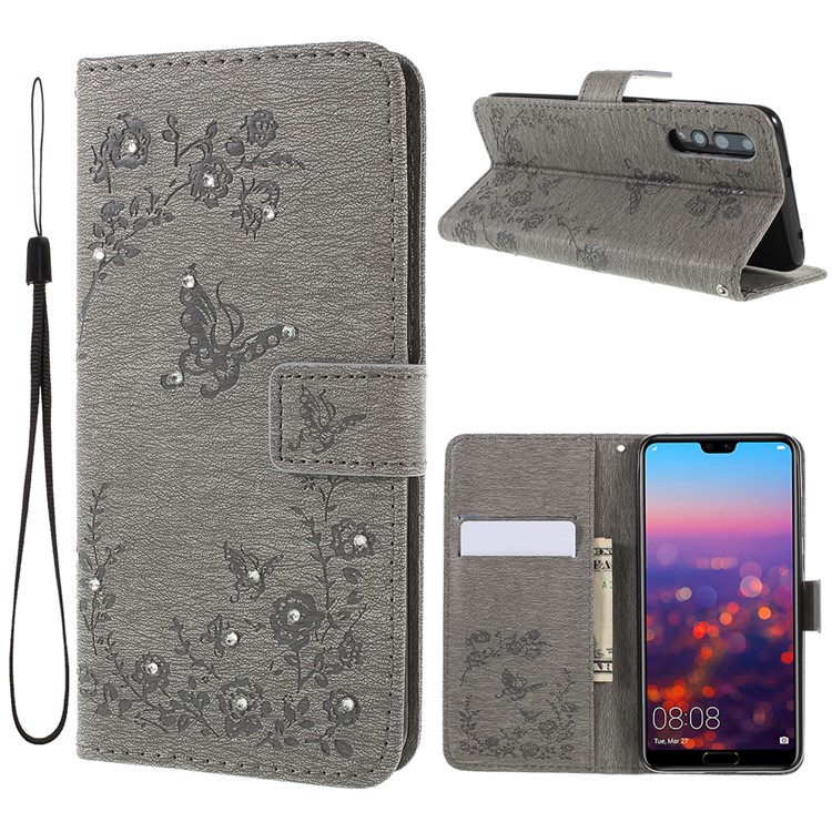 Imprint Butterfly Flower Rhinestone Decor Leather Protective Case for Huawei P20 Pro - Grey-1