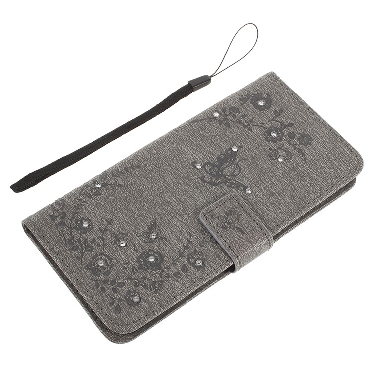 Imprint Butterfly Flower Rhinestone Decor Leather Protective Case for Huawei P20 Pro - Grey-10