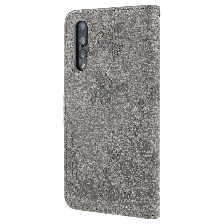 Imprint Butterfly Flower Rhinestone Decor Leather Protective Case for Huawei P20 Pro - Grey-2