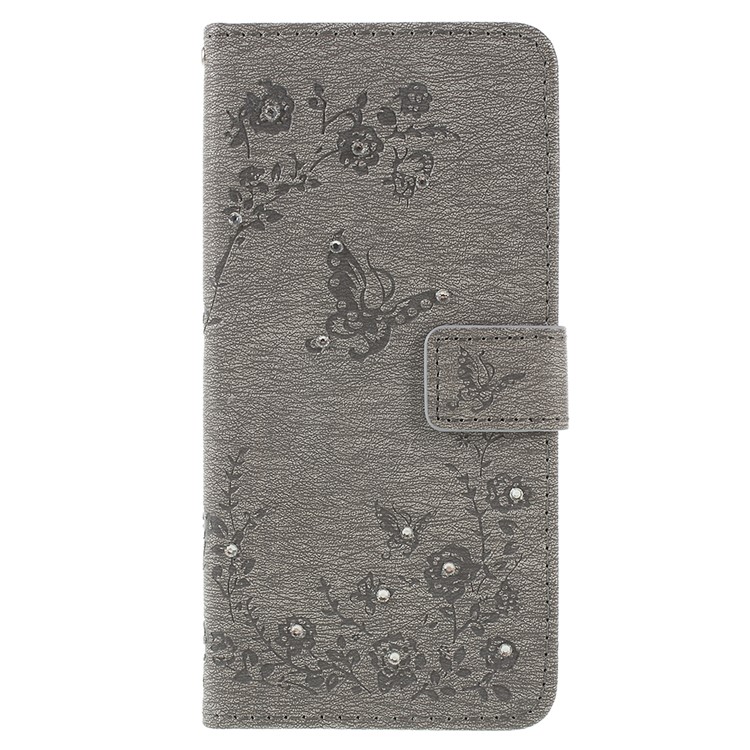 Imprint Butterfly Flower Rhinestone Decor Leather Protective Case for Huawei P20 Pro - Grey-3