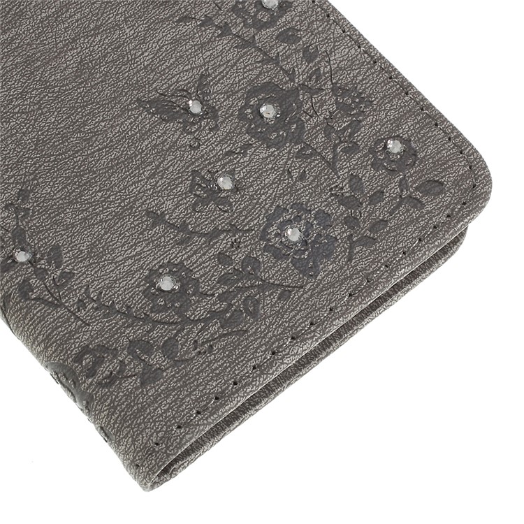 Imprint Butterfly Flower Rhinestone Decor Leather Protective Case for Huawei P20 Pro - Grey-4
