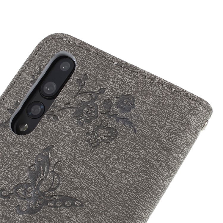 Imprint Butterfly Flower Rhinestone Decor Leather Protective Case for Huawei P20 Pro - Grey-5
