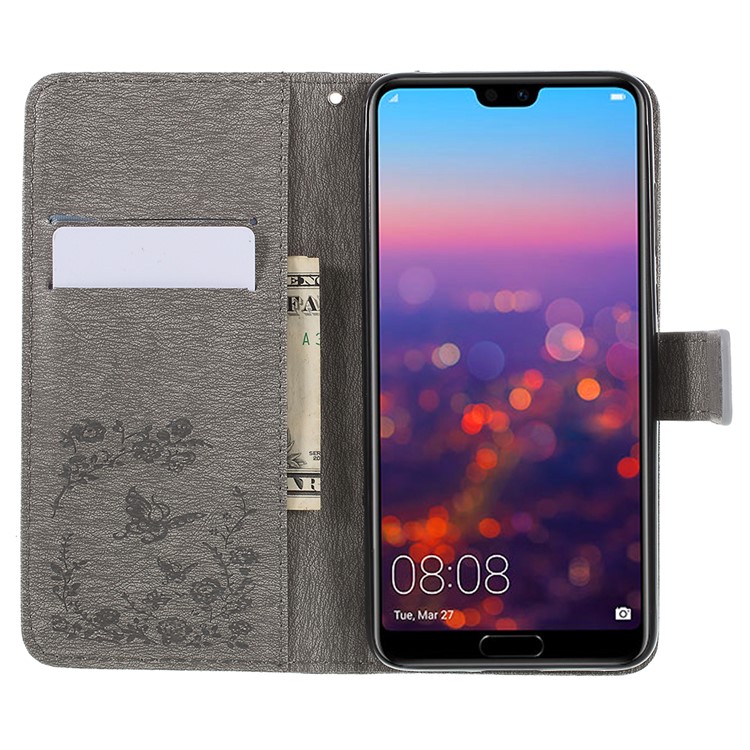 Imprint Butterfly Flower Rhinestone Decor Leather Protective Case for Huawei P20 Pro - Grey-8