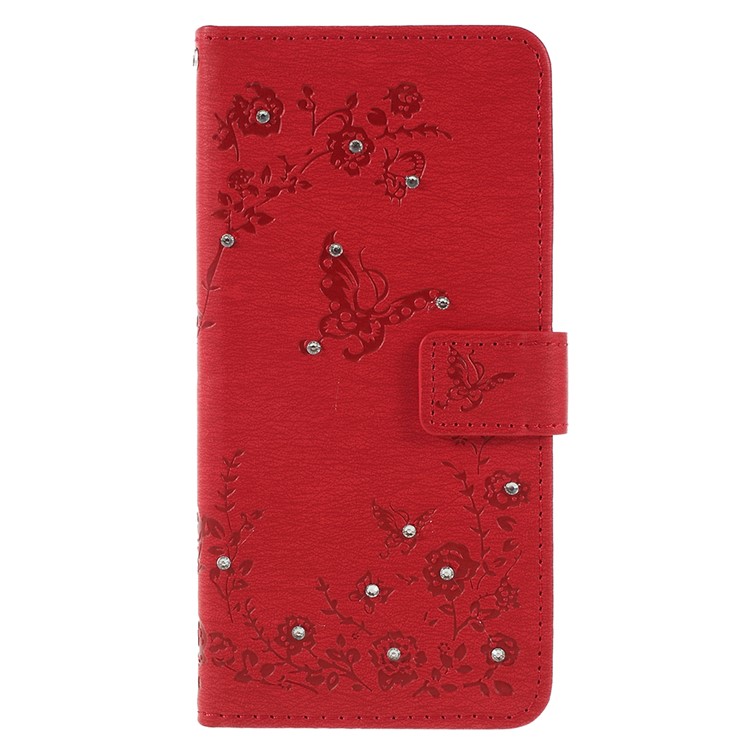 Imprint Butterfly Flower Rhinestone Decor Leather Protective Casing for Huawei P20 Pro - Red-1