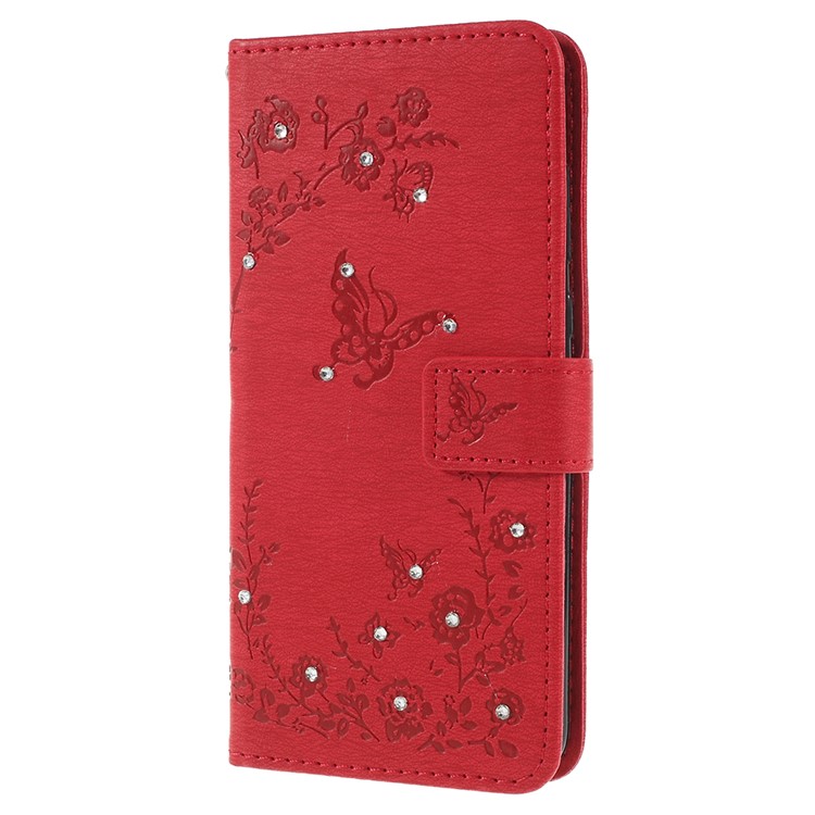 Imprint Butterfly Flower Rhinestone Decor Leather Protective Casing for Huawei P20 Pro - Red-2