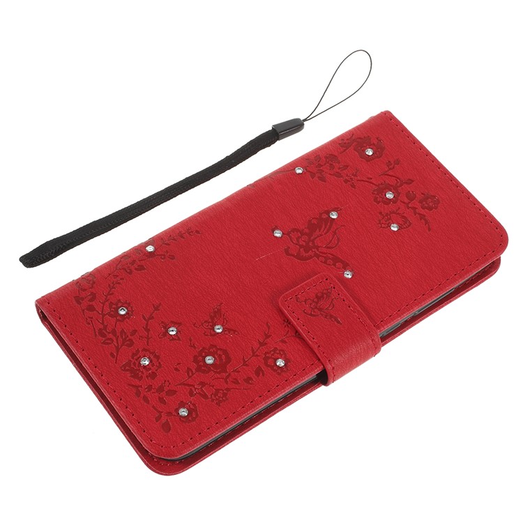 Imprint Butterfly Flower Rhinestone Decor Leather Protective Casing for Huawei P20 Pro - Red-8