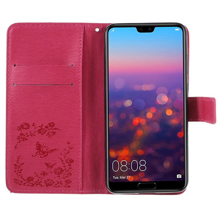 Imprint Butterfly Flower Rhinestone Decor Leather Protective Case Cover for Huawei P20 Pro - Rose-6