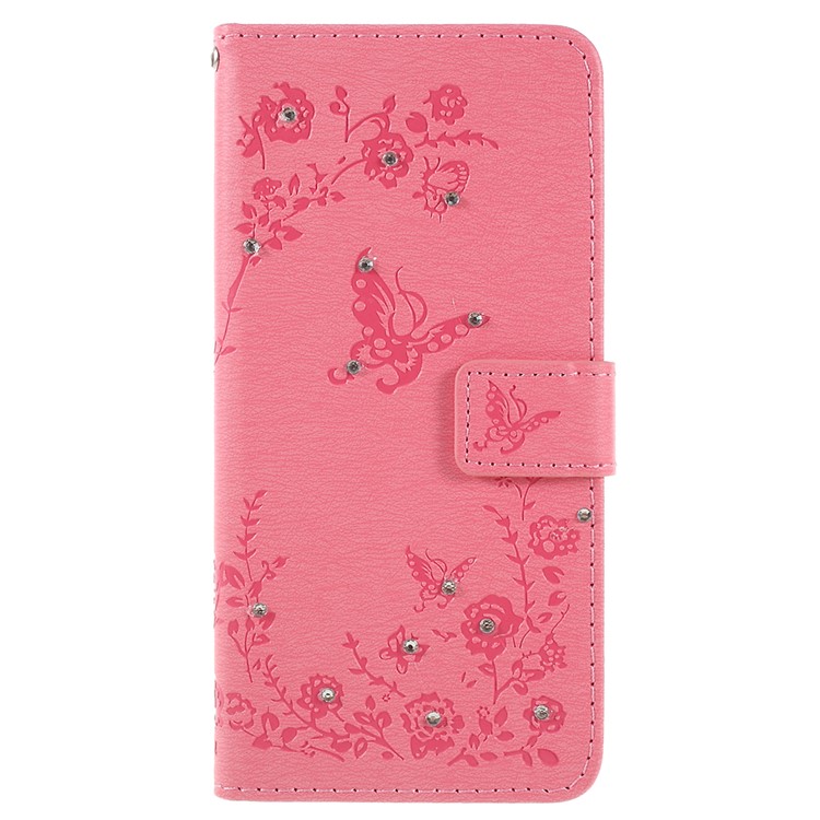 Imprint Butterfly Flower Rhinestone Decor Leather Protective Shell for Huawei P20 Pro - Pink-1