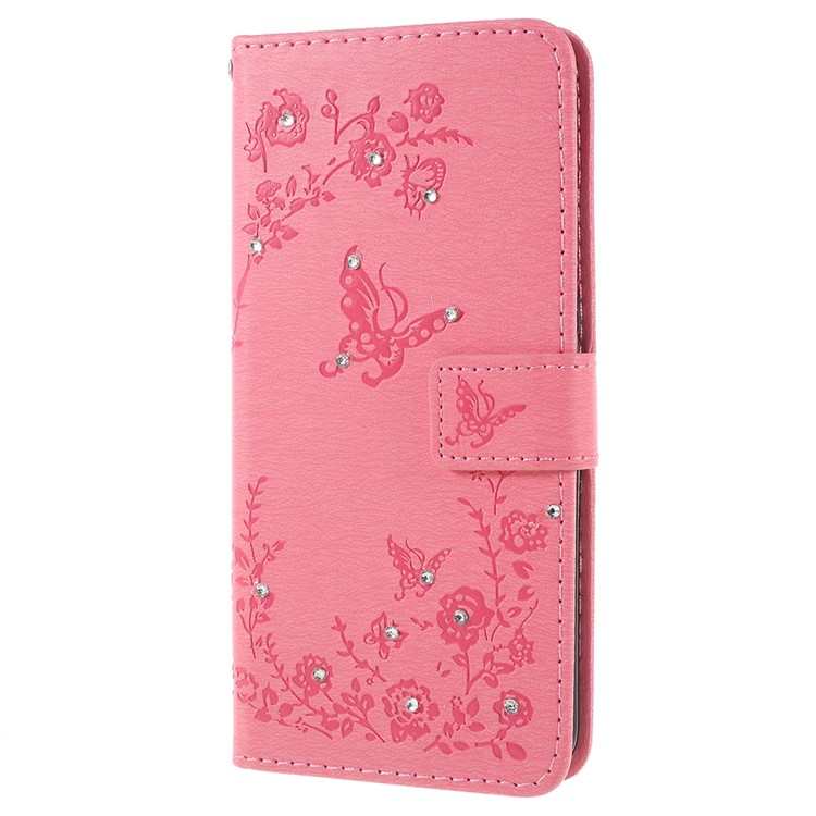 Imprint Butterfly Flower Rhinestone Decor Leather Protective Shell for Huawei P20 Pro - Pink-2