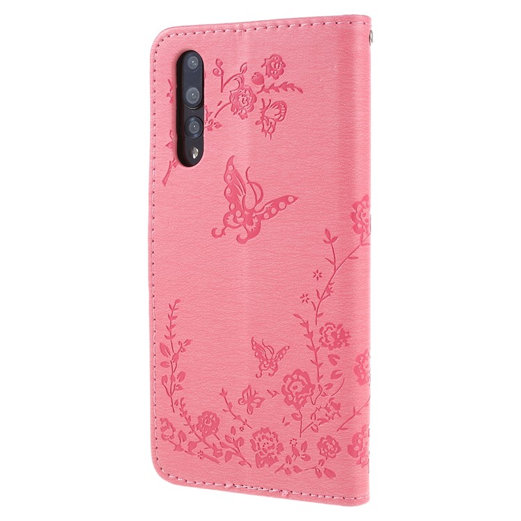 Imprint Butterfly Flower Rhinestone Decor Leather Protective Shell for Huawei P20 Pro - Pink-3