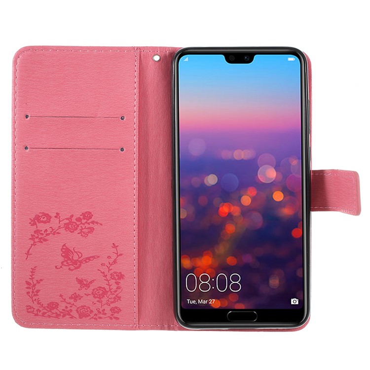 Imprint Butterfly Flower Rhinestone Decor Leather Protective Shell for Huawei P20 Pro - Pink-6