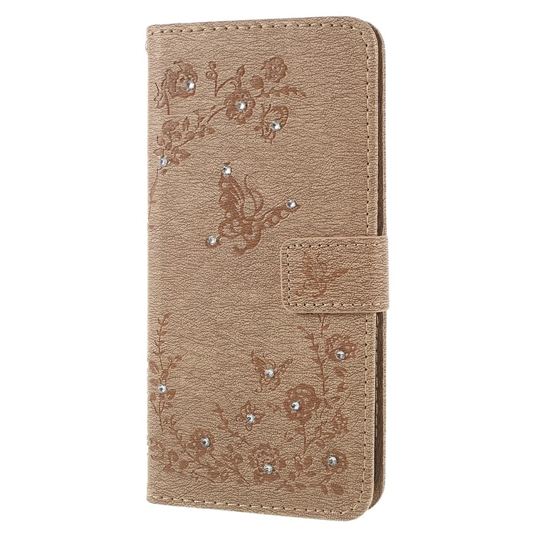 Imprint Butterfly Flower Rhinestone Decor Leather Mobile Phone Case for Huawei P20 Pro - Khaki-2