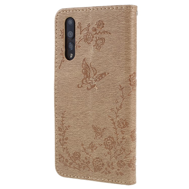 Imprint Butterfly Flower Rhinestone Decor Leather Mobile Phone Case for Huawei P20 Pro - Khaki-3