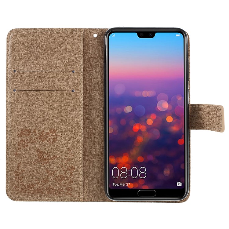 Imprint Butterfly Flower Rhinestone Decor Leather Mobile Phone Case for Huawei P20 Pro - Khaki-6