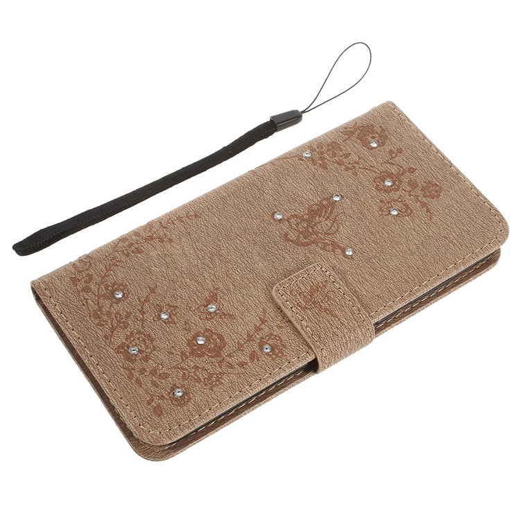 Imprint Butterfly Flower Rhinestone Decor Leather Mobile Phone Case for Huawei P20 Pro - Khaki-8