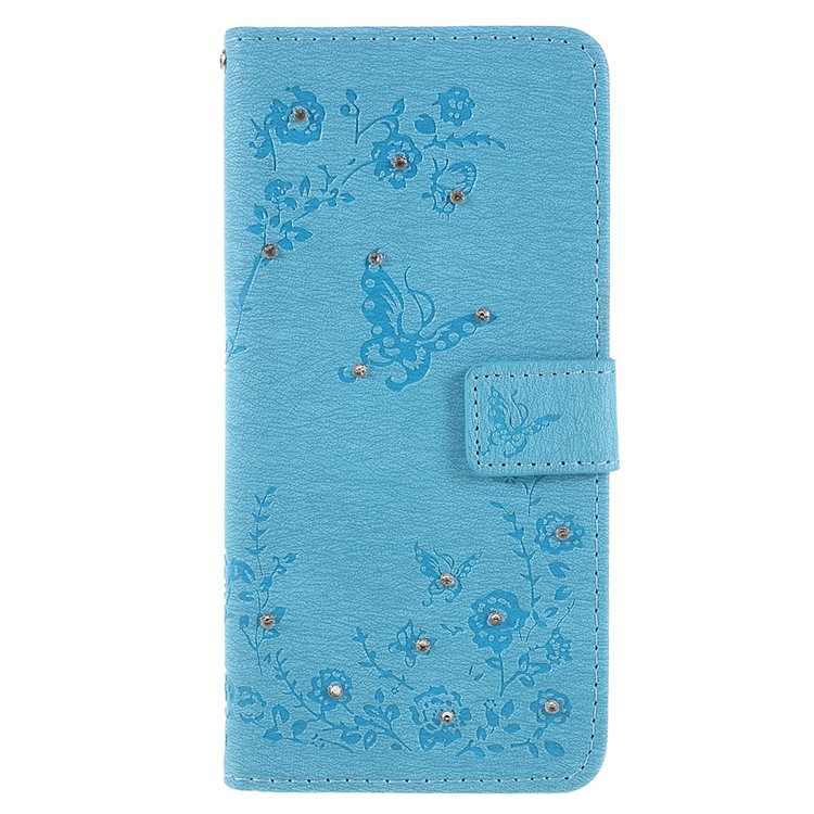 Imprint Butterfly Flower Rhinestone Decor Leather Mobile Phone Case Cover for Huawei P20 Pro - Baby Blue-1