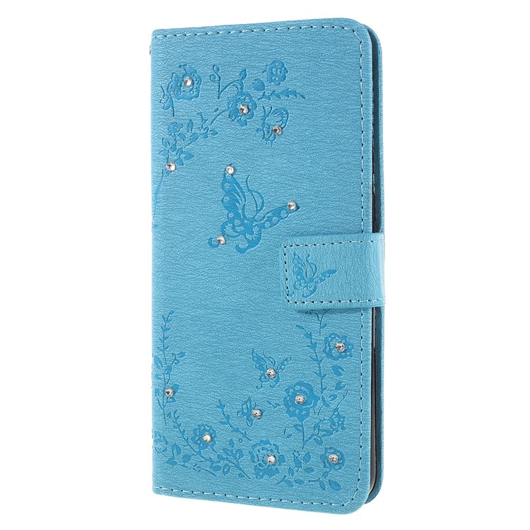 Imprint Butterfly Flower Rhinestone Decor Leather Mobile Phone Case Cover for Huawei P20 Pro - Baby Blue-2
