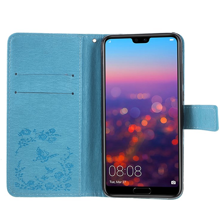 Imprint Butterfly Flower Rhinestone Decor Leather Mobile Phone Case Cover for Huawei P20 Pro - Baby Blue-6