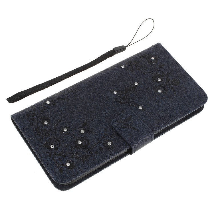 Imprint Butterfly Flower Rhinestone Decor Leather Mobile Phone Accessory Case for Huawei P20 Pro - Dark Blue-8