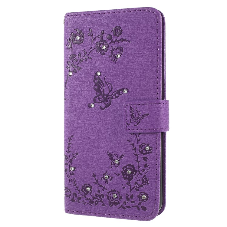 Imprint Butterfly Flower Rhinestone Decor Leather Mobile Phone Accessory Case for Huawei P20 Pro - Purple-2