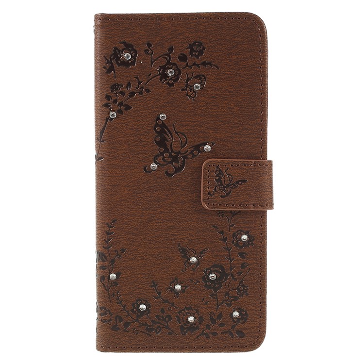 Imprint Butterfly Flower Rhinestone Decor Leather Cellphone Case Cover for Huawei P20 Pro - Brown-1