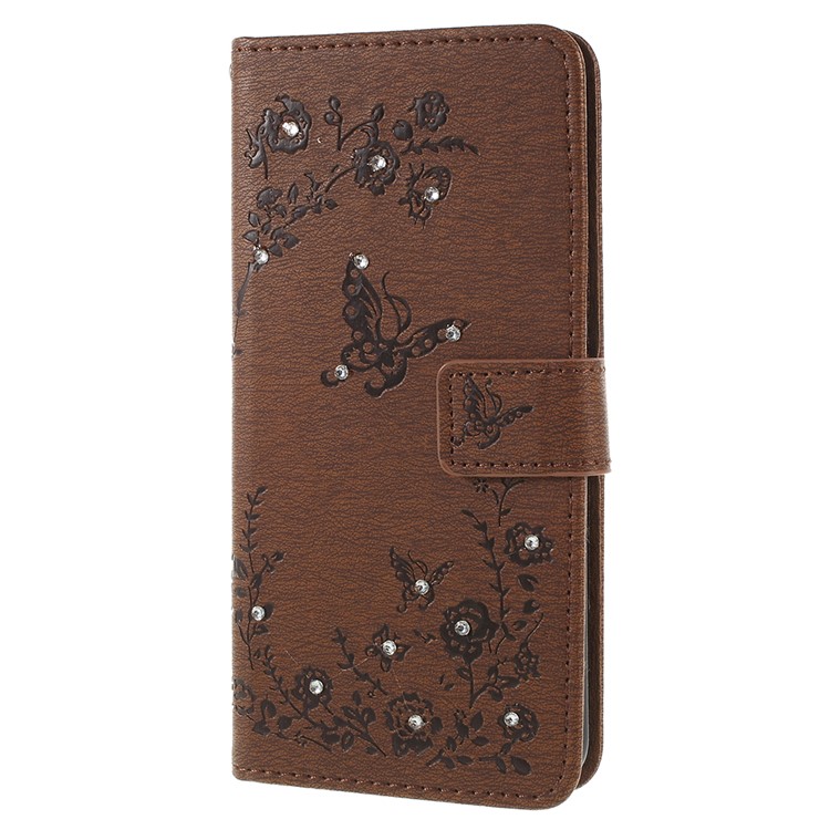 Imprint Butterfly Flower Rhinestone Decor Leather Cellphone Case Cover for Huawei P20 Pro - Brown-2