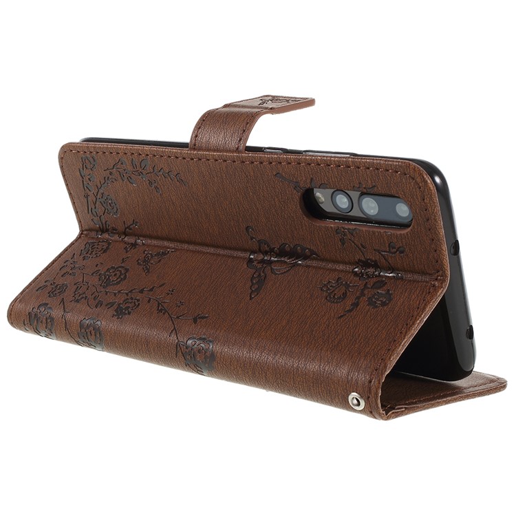 Imprint Butterfly Flower Rhinestone Decor Leather Cellphone Case Cover for Huawei P20 Pro - Brown-5