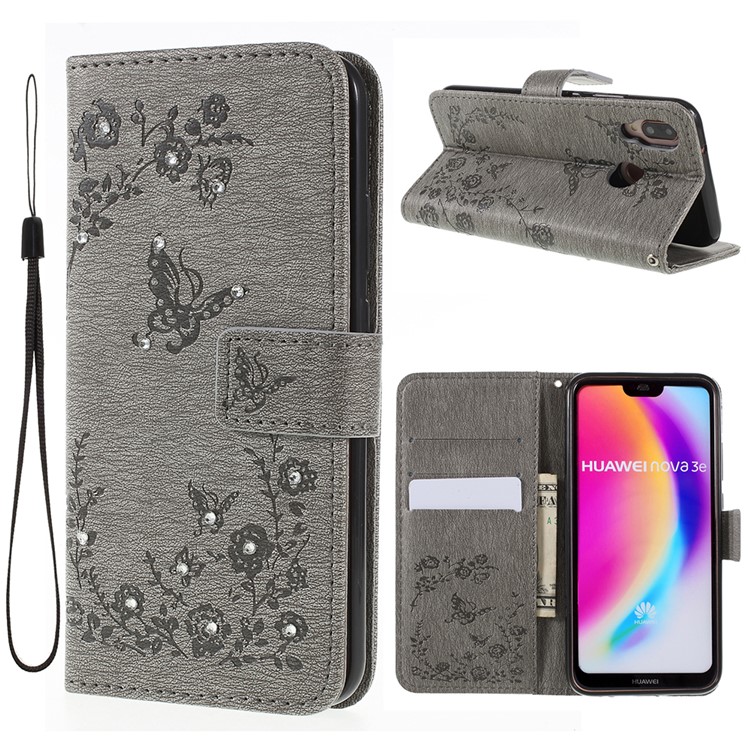 Imprint Butterfly Flower Rhinestone Decor Leather Protective Phone Case for Huawei P20 Lite / Nova 3e - Grey-1