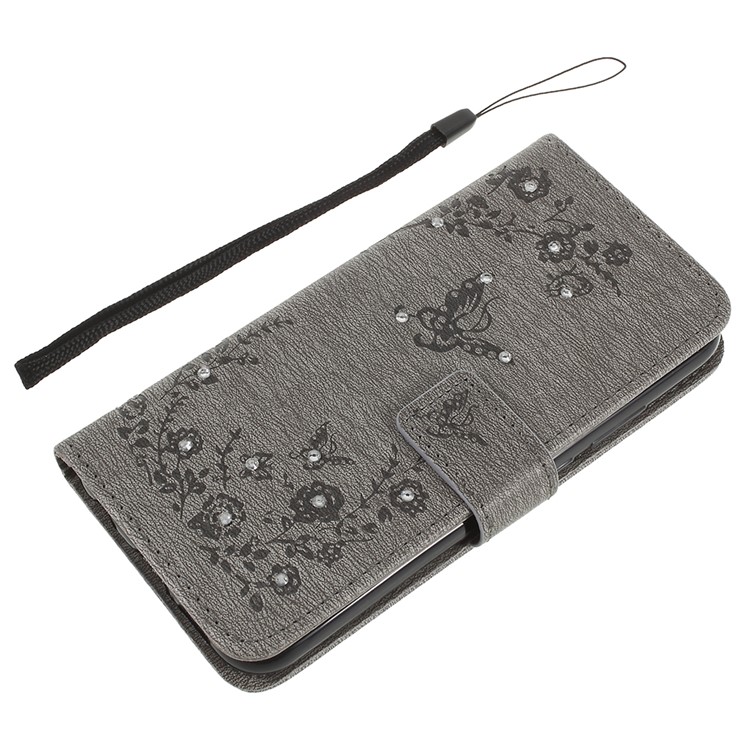 Imprint Butterfly Flower Rhinestone Decor Leather Protective Phone Case for Huawei P20 Lite / Nova 3e - Grey-10