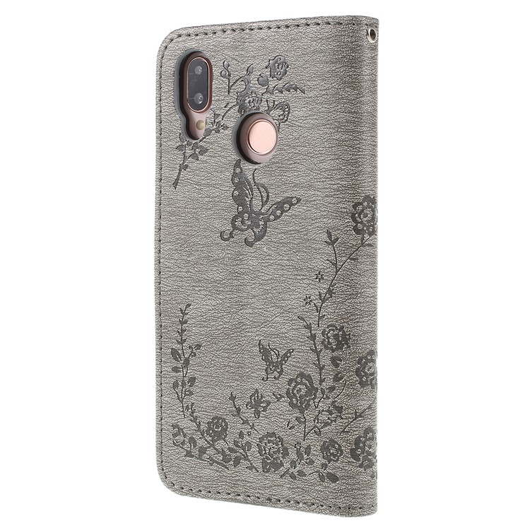 Imprint Butterfly Flower Rhinestone Decor Leather Protective Phone Case for Huawei P20 Lite / Nova 3e - Grey-2