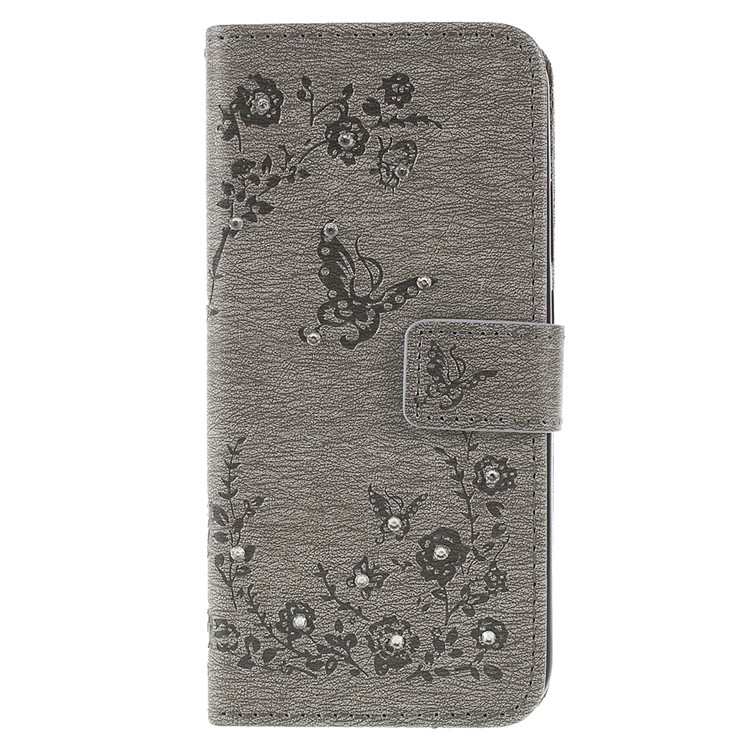 Imprint Butterfly Flower Rhinestone Decor Leather Protective Phone Case for Huawei P20 Lite / Nova 3e - Grey-3