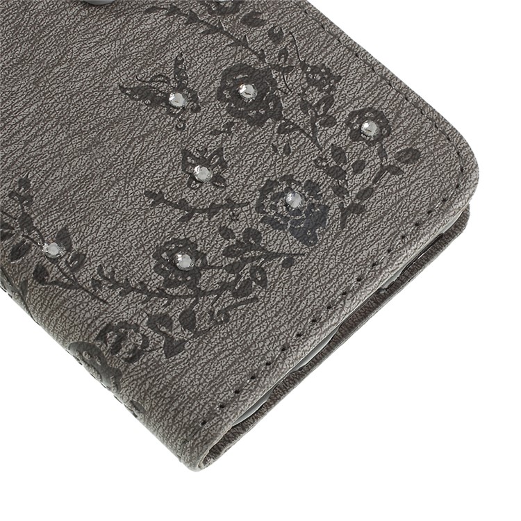 Imprint Butterfly Flower Rhinestone Decor Leather Protective Phone Case for Huawei P20 Lite / Nova 3e - Grey-4
