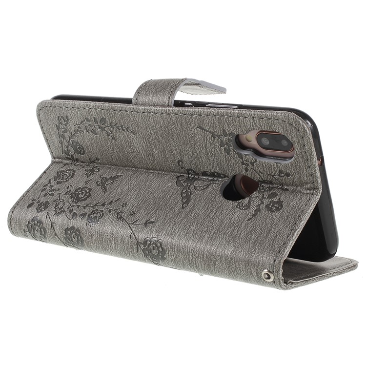 Imprint Butterfly Flower Rhinestone Decor Leather Protective Phone Case for Huawei P20 Lite / Nova 3e - Grey-7