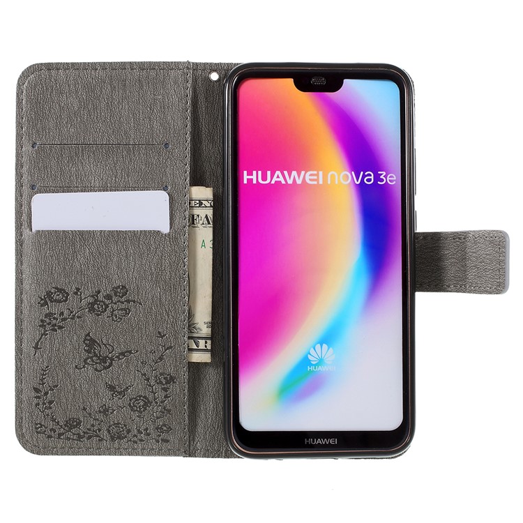 Imprint Butterfly Flower Rhinestone Decor Leather Protective Phone Case for Huawei P20 Lite / Nova 3e - Grey-8