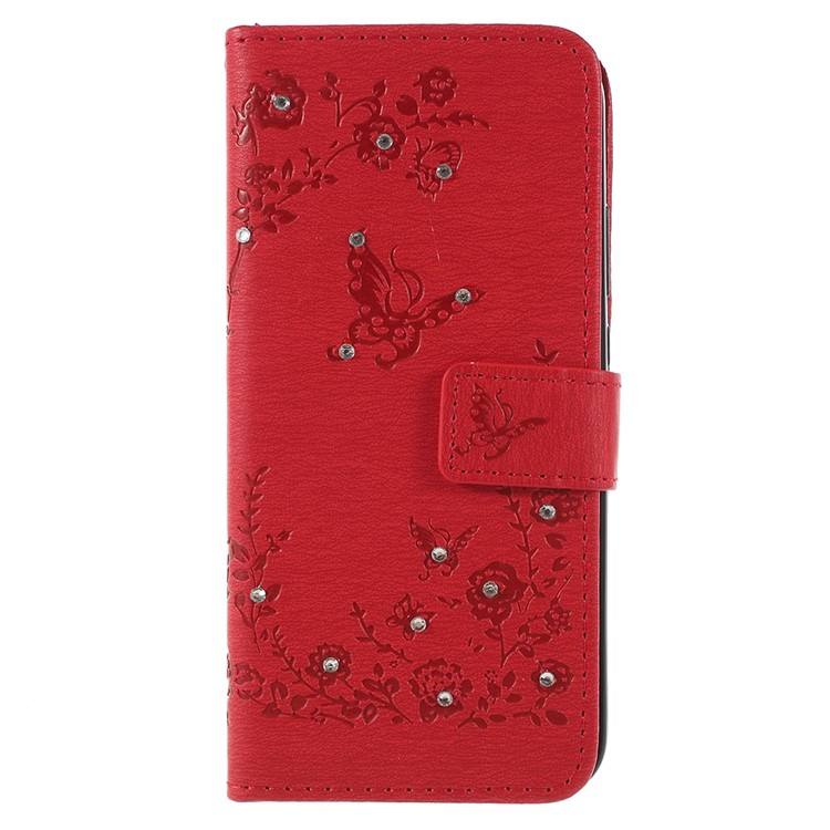 Imprint Butterfly Flower Rhinestone Decor Leather Protective Phone Cover for Huawei P20 Lite / Nova 3e - Red-1