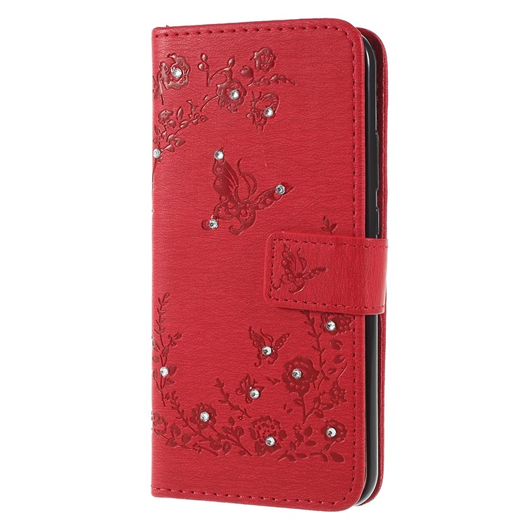 Imprint Butterfly Flower Rhinestone Decor Leather Protective Phone Cover for Huawei P20 Lite / Nova 3e - Red-2