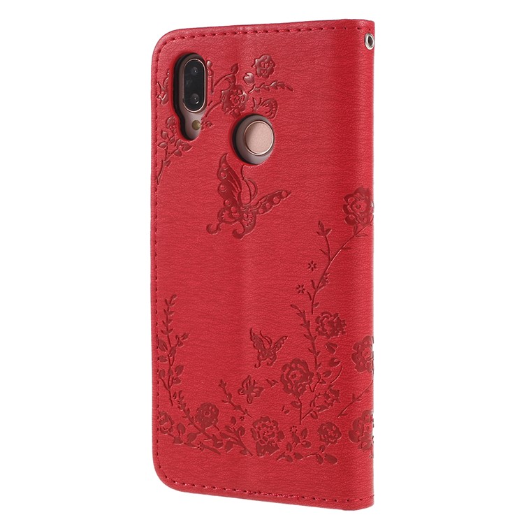 Imprint Butterfly Flower Rhinestone Decor Leather Protective Phone Cover for Huawei P20 Lite / Nova 3e - Red-3