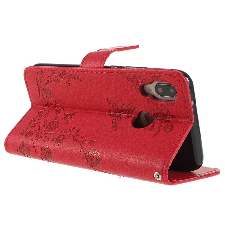 Imprint Butterfly Flower Rhinestone Decor Leather Protective Phone Cover for Huawei P20 Lite / Nova 3e - Red-5