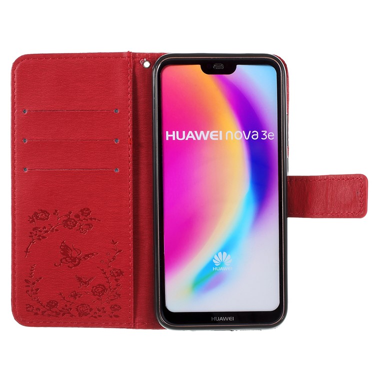 Imprint Butterfly Flower Rhinestone Decor Leather Protective Phone Cover for Huawei P20 Lite / Nova 3e - Red-6